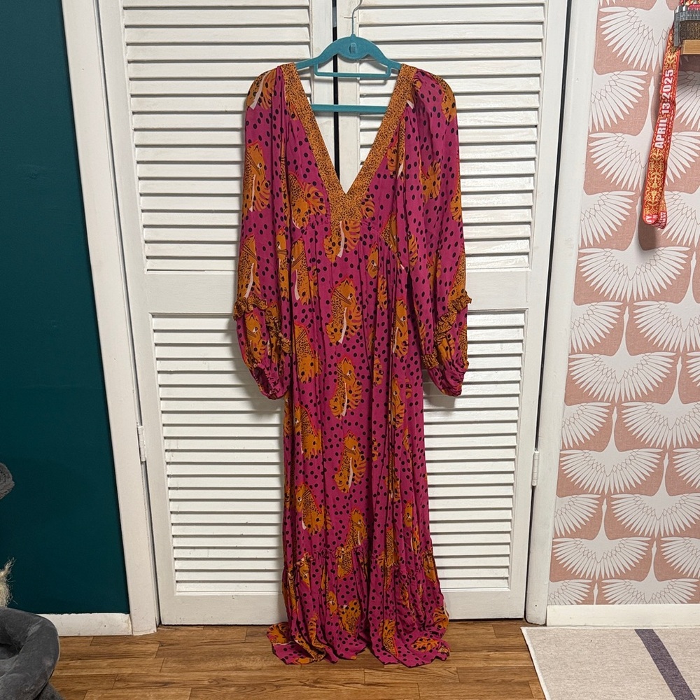 NWT RARE FARM Rio Pink and Orange Maxi Dress with polka dots AND leopards 🐆